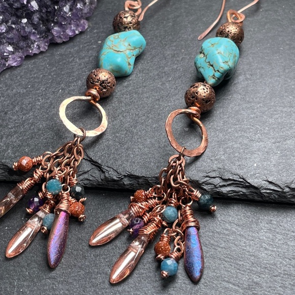 Artisan Turquoise Hand Wired Copper Fringe Dangle Earrings - Picture 7 of 14